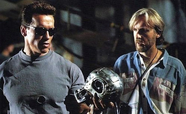 Arnold Schwarzenegger & director James Cameron on the set of The Terminator.
