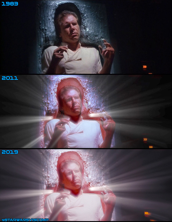 Han’s unfreezing from carbonite was redone for the 2011 Blu-ray and again in 4K. It’s believed this was done to ease the 3D conversion. The carbonite slab glows red through this shot.